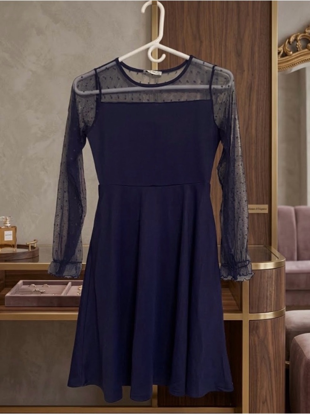 Girls Navy Dot Mesh Sleeve Fit-and-Flare Dress